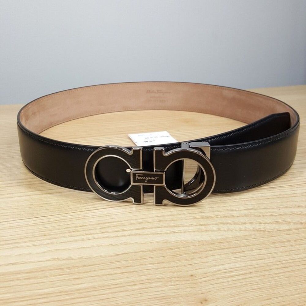 Salvatore Ferragamo Sz 32 Black Double Gancini Adjustable Leather Belt $575